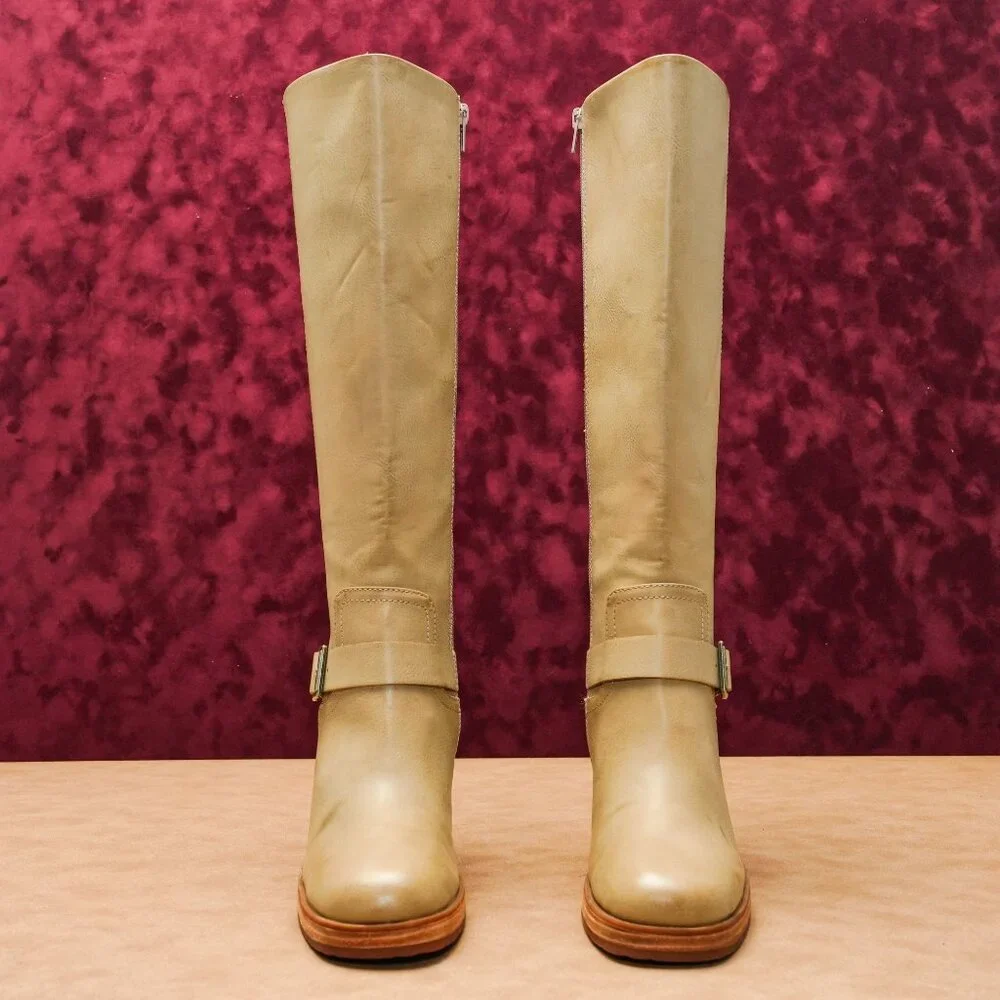 Korks Wmn Karelyn Distress Cream Wide Calf Faux Leather Block Heel Boots 6.5 - Picture 2 of 8